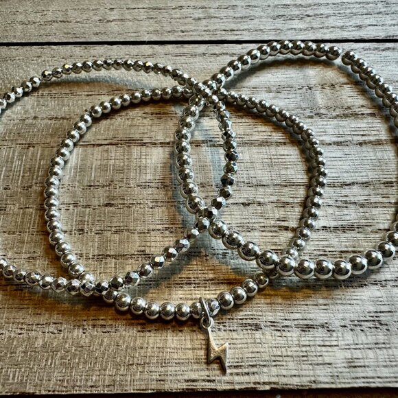 Silver Minimalist Stack – 3 Piece Silver Hematite Bracelets w/Sterling Silver - Picture 2 of 2